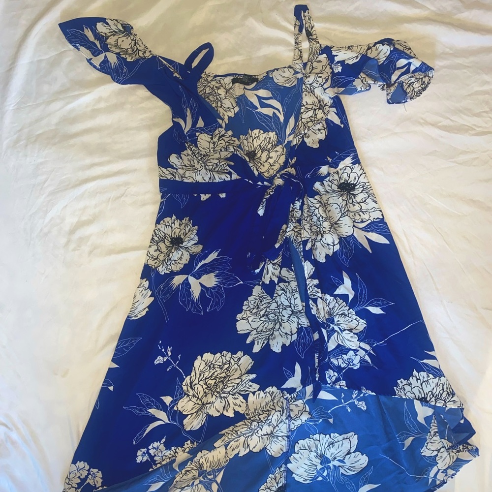 Contemporary Blue & Floral Wrap Dress